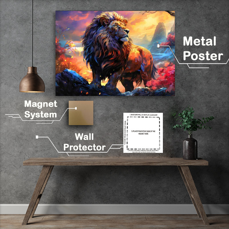 Buy Metal Poster : (Lion on top of the rocks in the mountains)