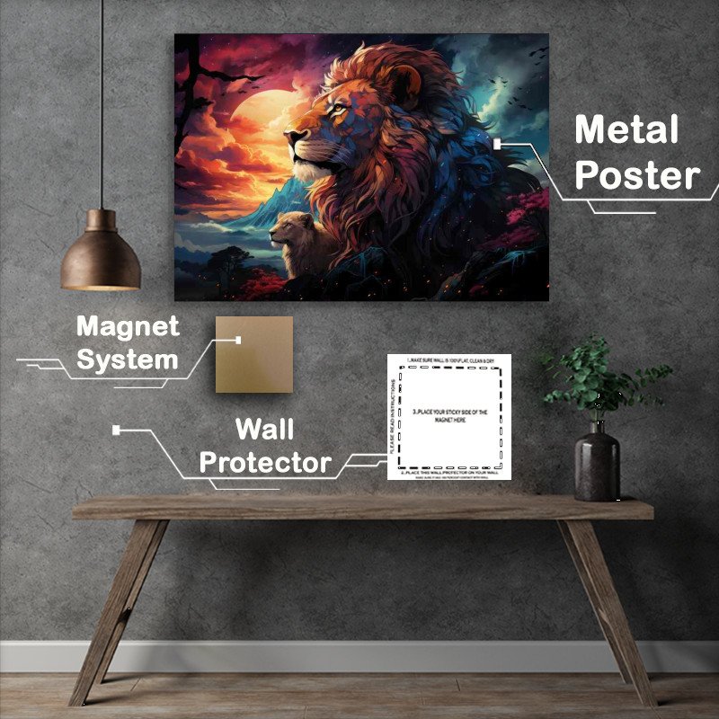 Buy Metal Poster : (Lions with the setting sun and amazing skyline)