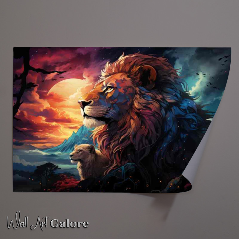Buy Unframed Poster : (Lions with the setting sun and amazing skyline)