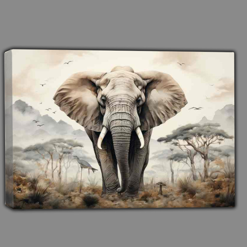 Buy Canvas : (Mountains and elephants in africa with trees either side)