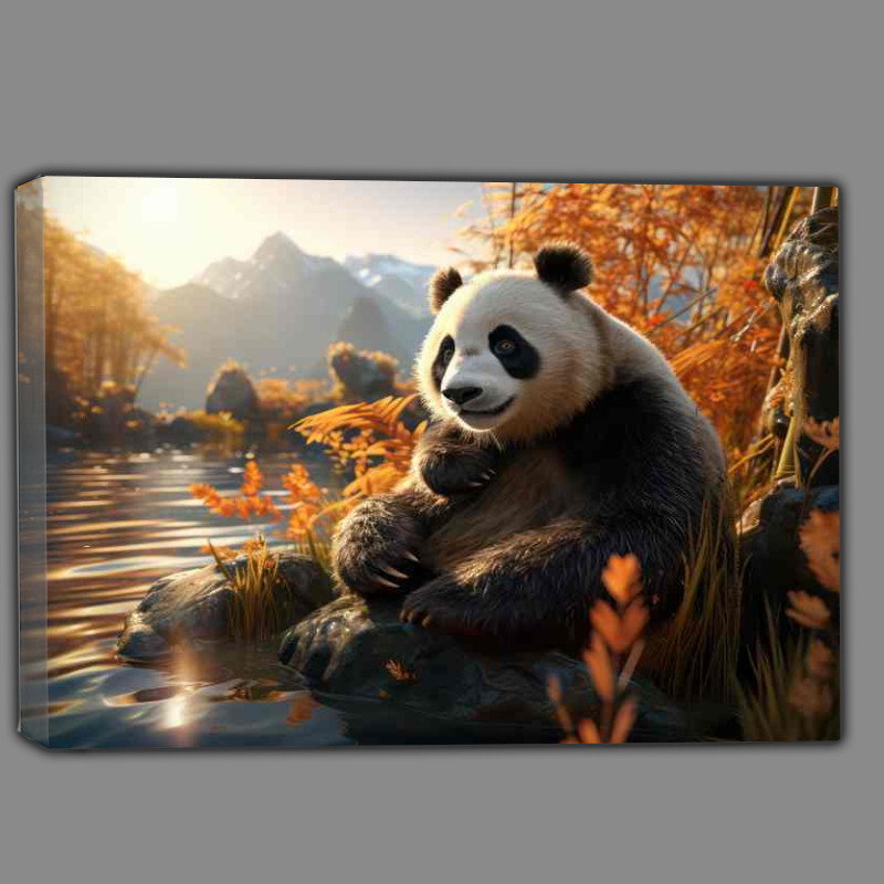 Buy Canvas : (Panda by the river mountains in the background)