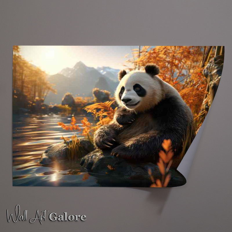 Buy Unframed Poster : (Panda by the river mountains in the background)