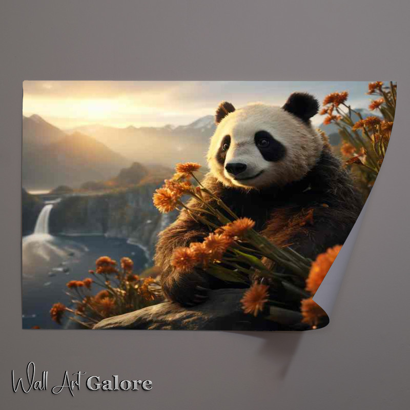 Buy Unframed Poster : (Panda with waterfall and sun glowing)