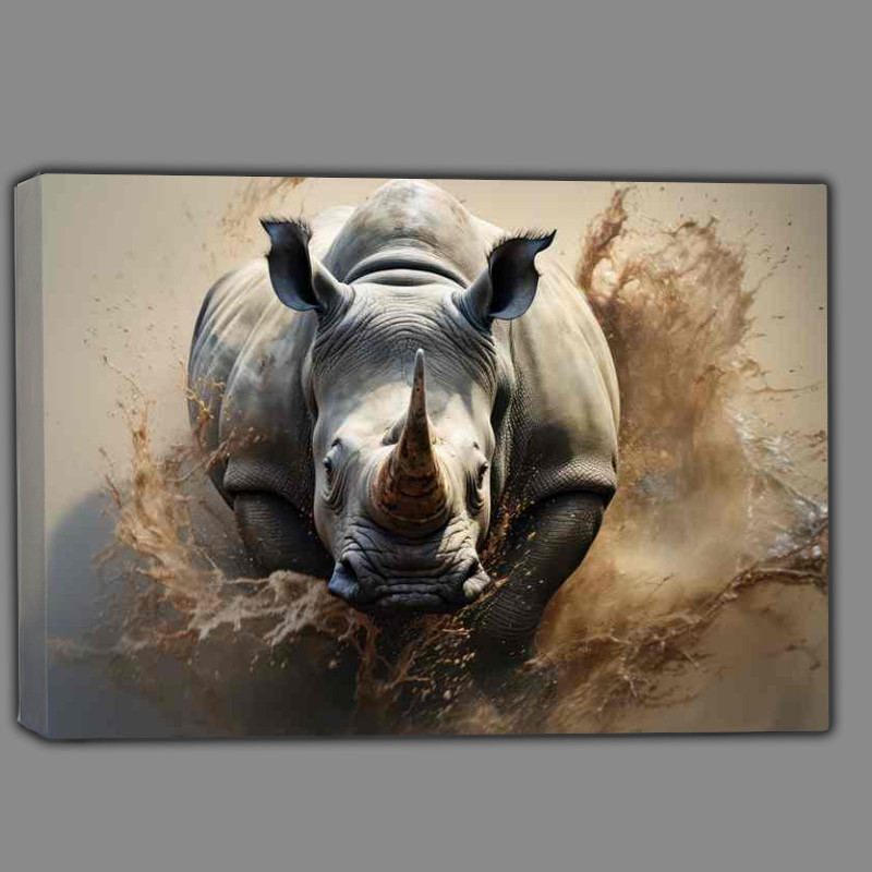 Buy Canvas : (Rhino on the run in the mist of all the dirt)