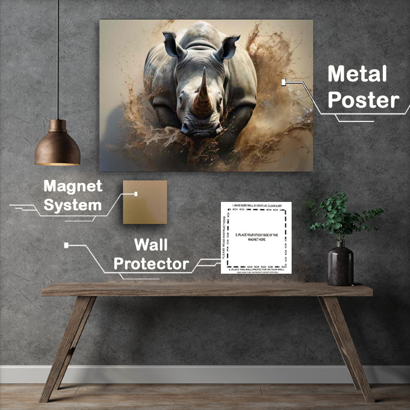 Buy Metal Poster : (Rhino on the run in the mist of all the dirt)