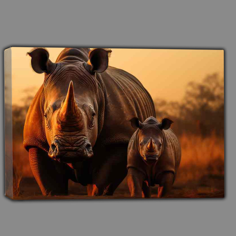 Buy Canvas : (Rhino with her calf in the african savanna)