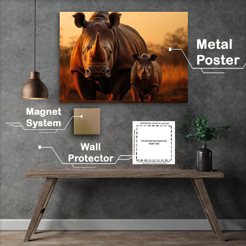 Buy Metal Poster : (Rhino with her calf in the african savanna)