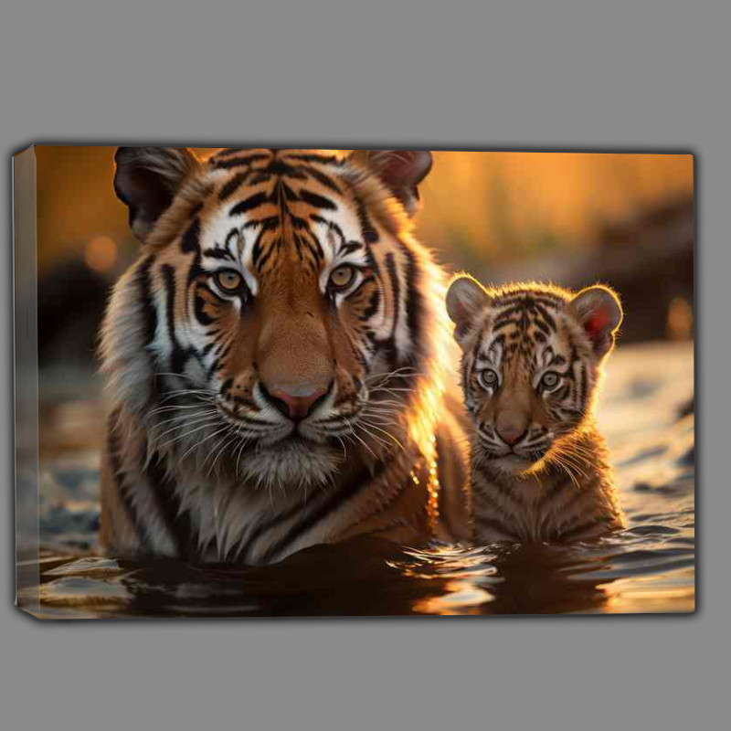 Buy Canvas : (Tiger and cub in the water during the day time)