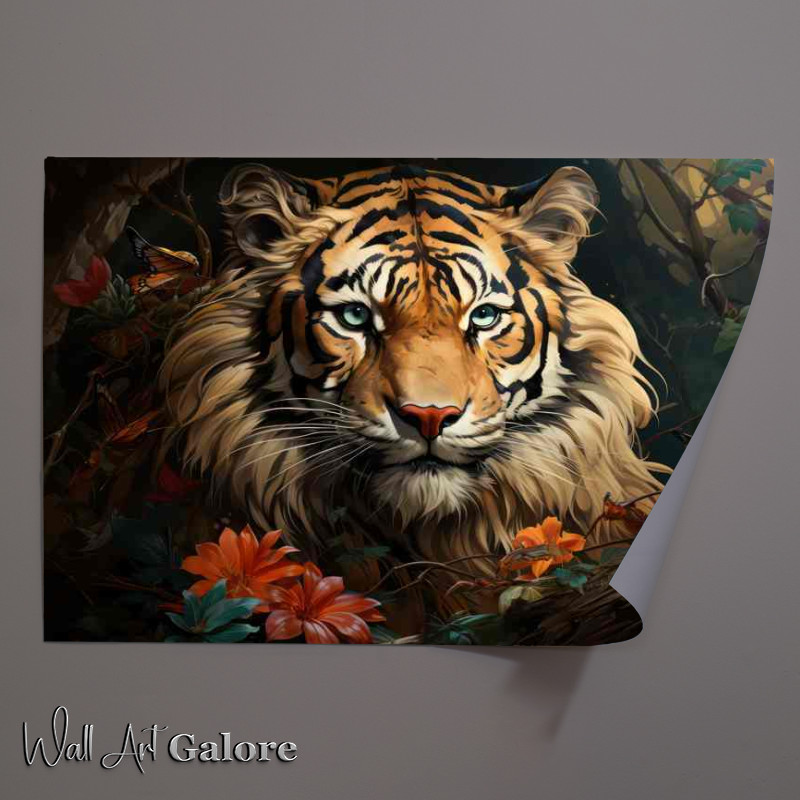 Buy Unframed Poster : (Tiger in the jungle surrounded by flowers)