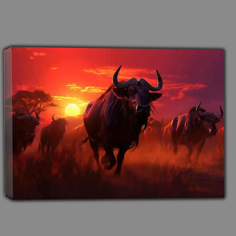 Buy Canvas : (Wilederbeasts on a stampead in the african plane)