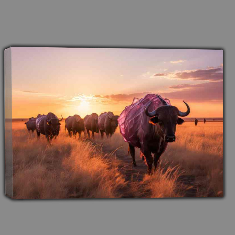 Buy Canvas : (large buffalow on a trail with the sun setting)