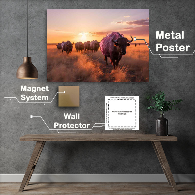 Buy Metal Poster : (large buffalow on a trail with the sun setting)