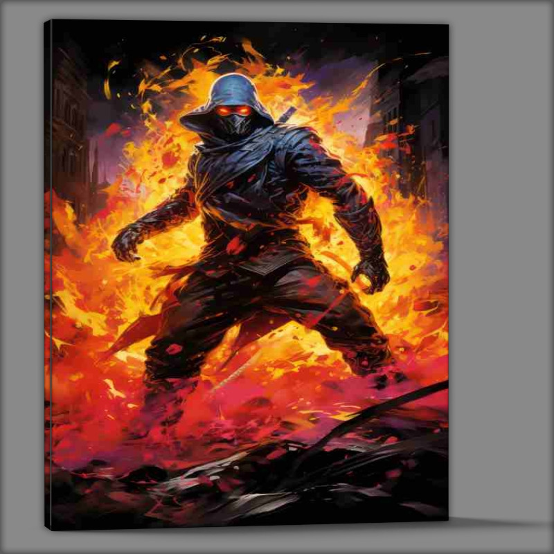 Buy Canvas : (A ninja kicking with a yellow and orange flamed background)