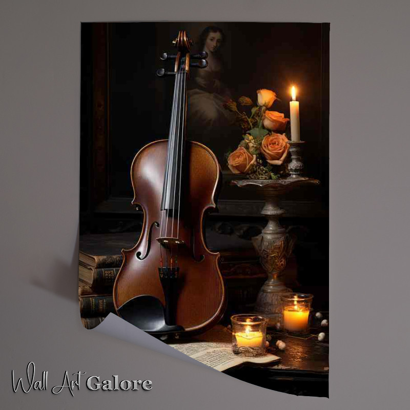 Buy Unframed Poster : (The violin and the music sheet with candle ornament)