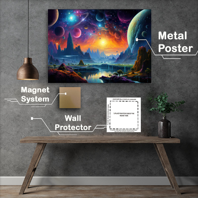 Buy Metal Poster : (Planets of the universe on a fantasy landscape)