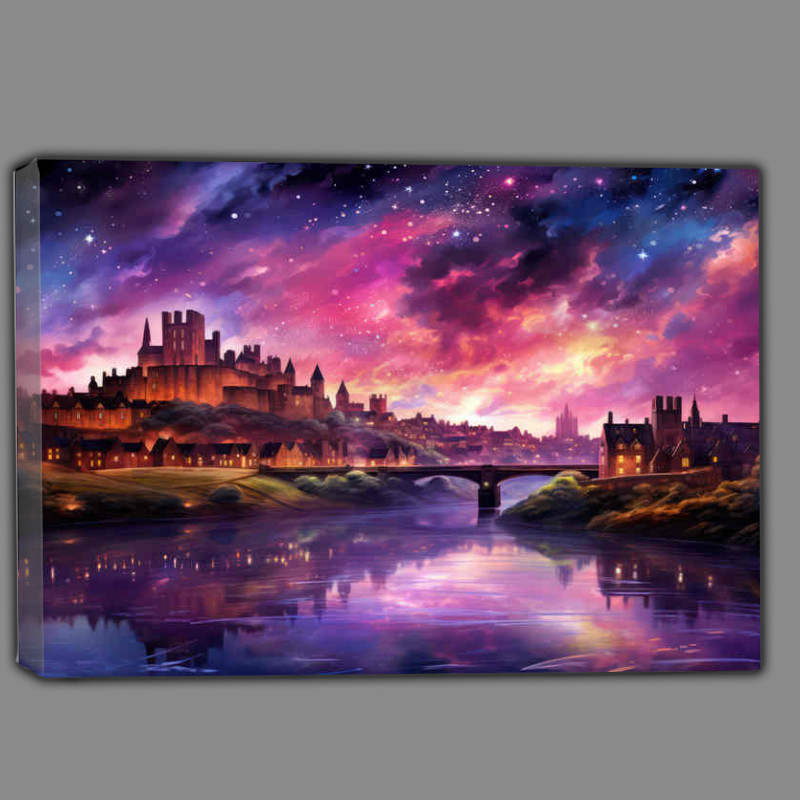 Buy Canvas : (City chester castle overlooking the river with a purple haze)