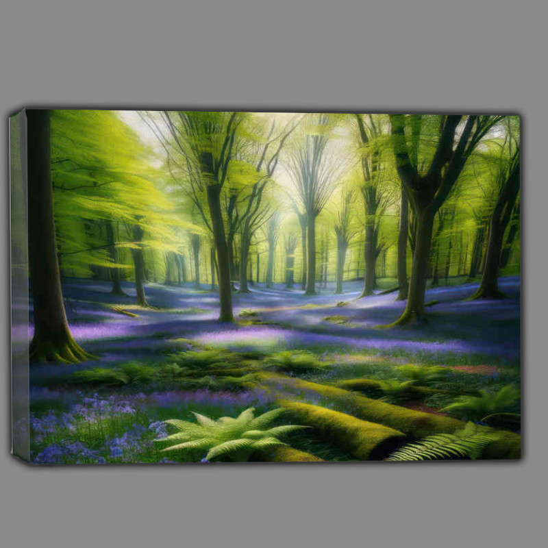 Buy Canvas : (Bluebell field with green trees and sun shining through)