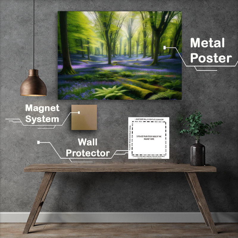 Buy Metal Poster : (Bluebell field with green trees and sun shining through)