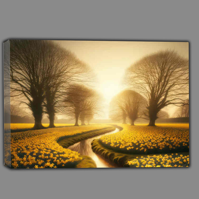 Buy Canvas : (Daffodil spring field with trees In A nice landscape)