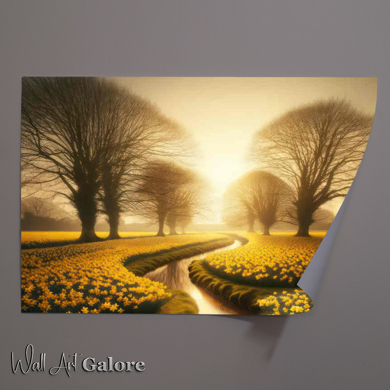 Buy Unframed Poster : (Daffodil spring field with trees In A nice landscape)