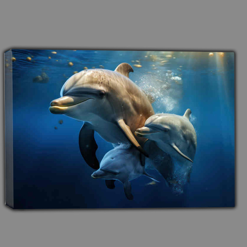 Buy Canvas : (Dolphins swimming through the blue clear waaters)