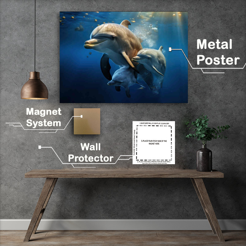 Buy Metal Poster : (Dolphins swimming through the blue clear waaters)