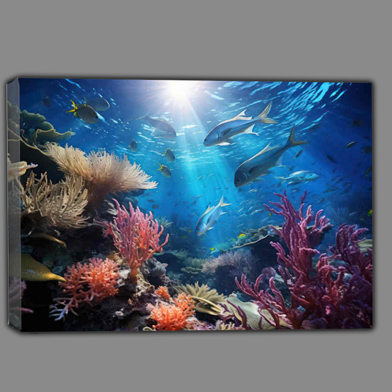 Buy Canvas : (Fish swimming around the coral bed)