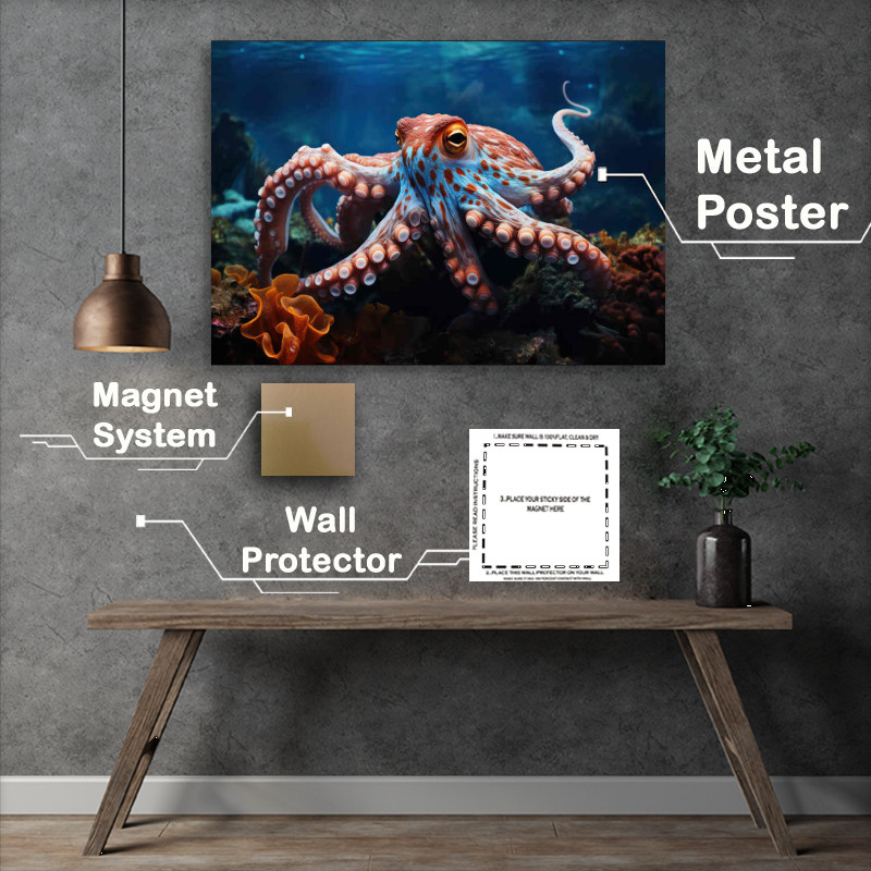 Buy Metal Poster : (Octopus underwater on the coral ocean bed)