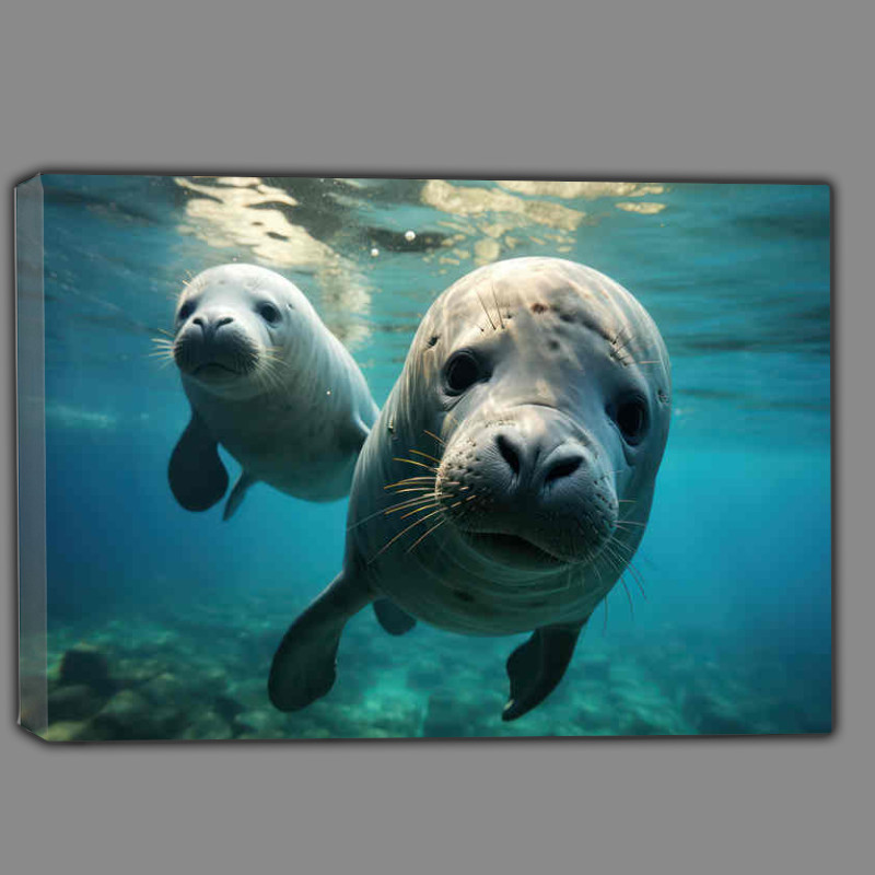 Buy Canvas : (Pair of Seals swimming underwater in an ocean)