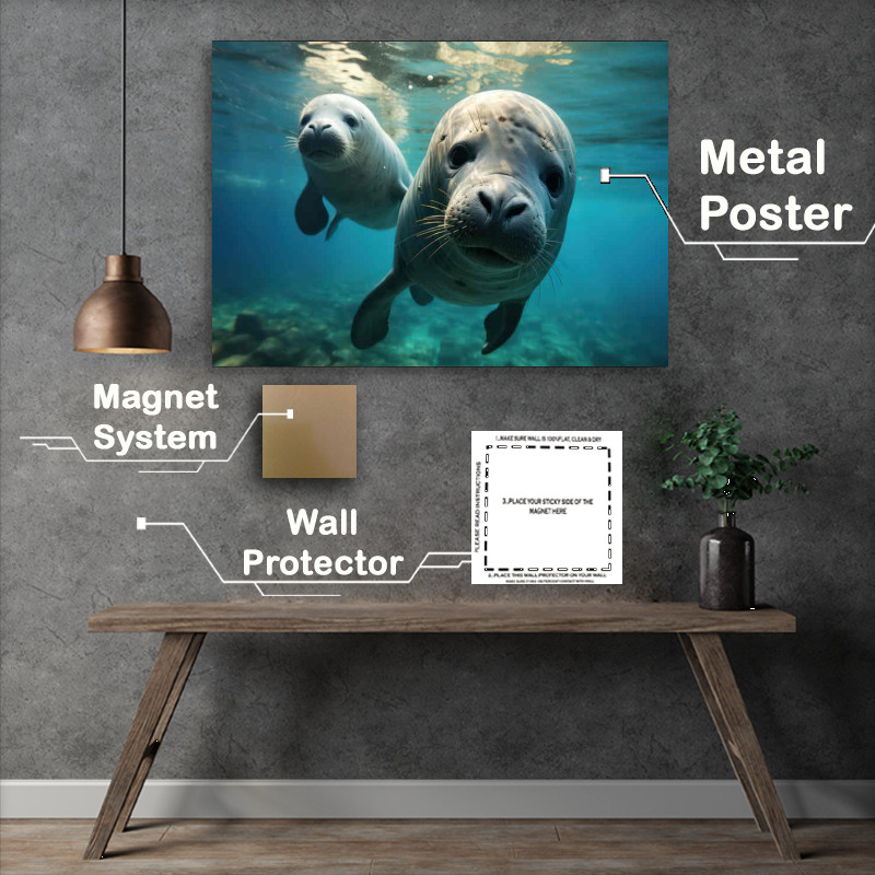 Buy Metal Poster : (Pair of Seals swimming underwater in an ocean)