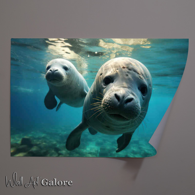 Buy Unframed Poster : (Pair of Seals swimming underwater in an ocean)