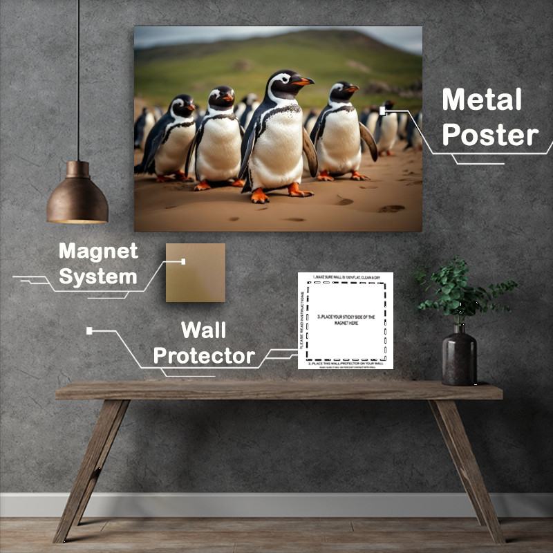 Buy Metal Poster : (Penguins on a beach in the sand)