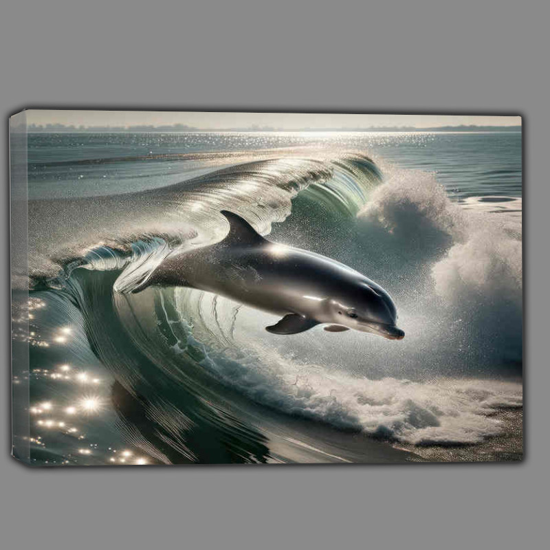 Buy Canvas : (Porpoises flying through the sea with big waves)