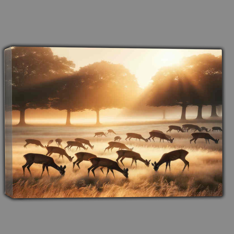 Buy Canvas : (A Hurd Of Deer Grazing In the morning sun)