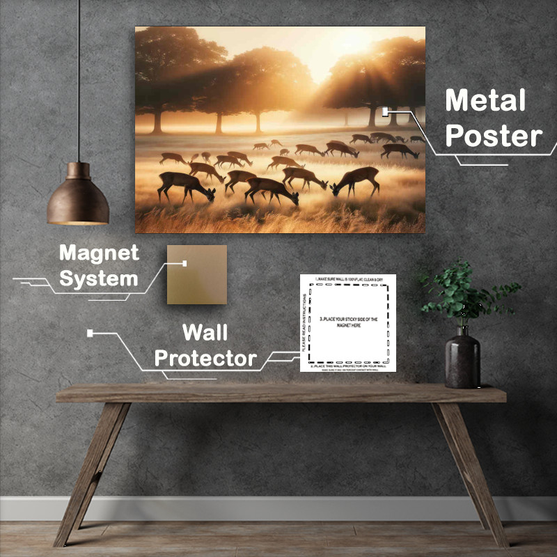 Buy Metal Poster : (A Hurd Of Deer Grazing In the morning sun)