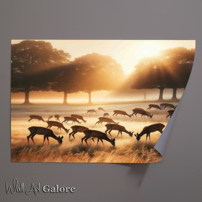 Buy Unframed Poster : (A Hurd Of Deer Grazing In the morning sun)