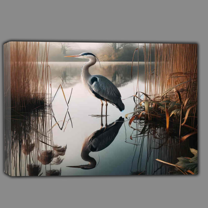 Buy Canvas : (Heron in the lake reflected by the morning sun)