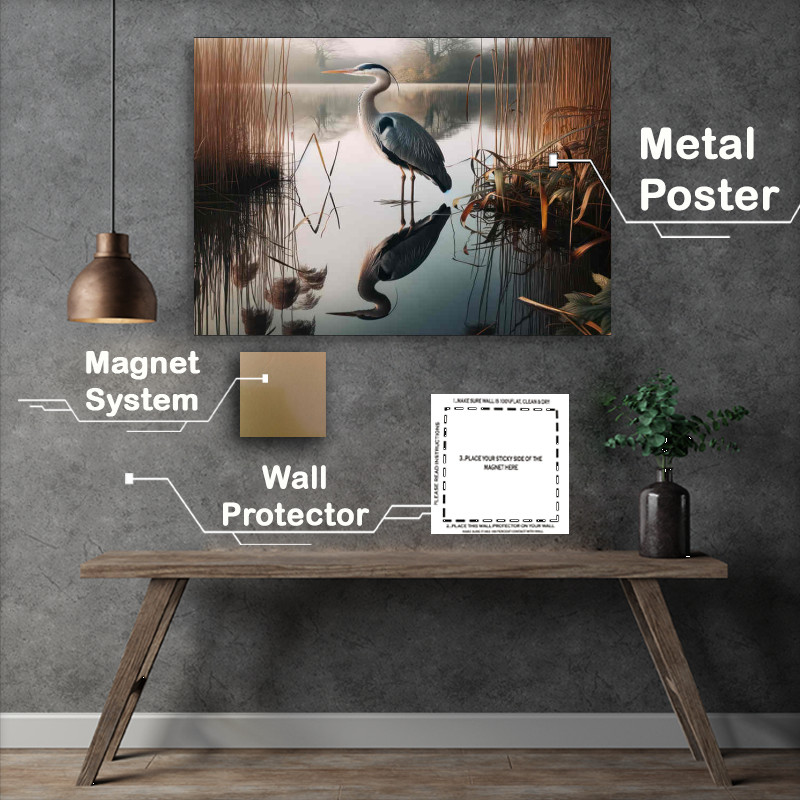 Buy Metal Poster : (Heron in the lake reflected by the morning sun)