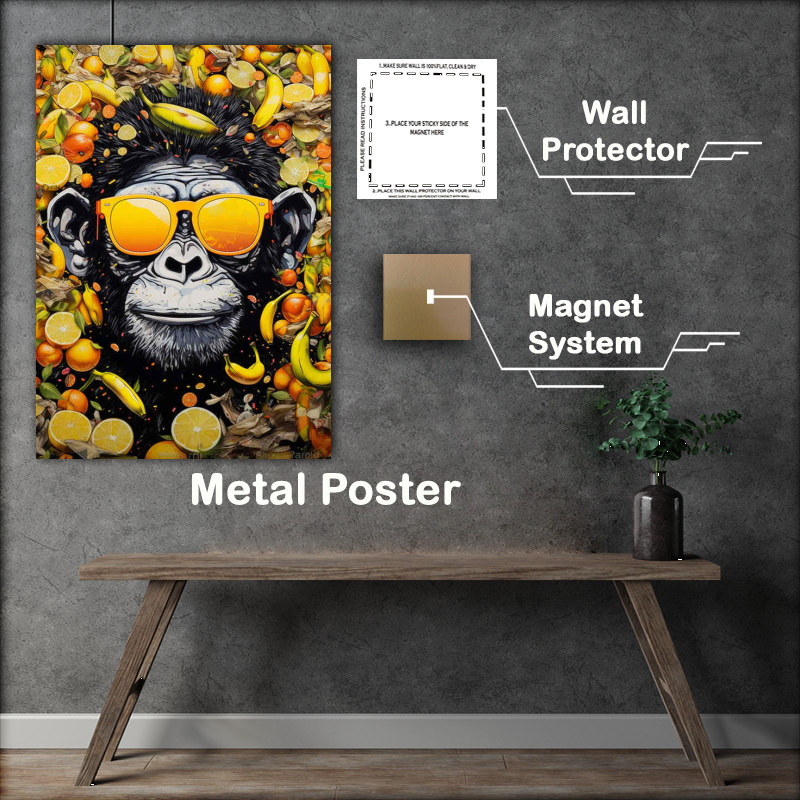 Buy Metal Poster : (Monkey in sunglasses surrounded by fruit)