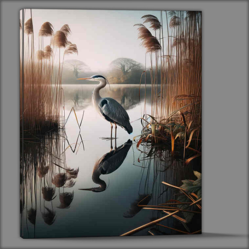 Buy Canvas : (British grey heron standing at the edge of a calm lake)