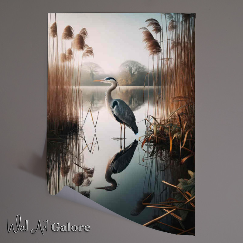 Buy Unframed Poster : (British grey heron standing at the edge of a calm lake)