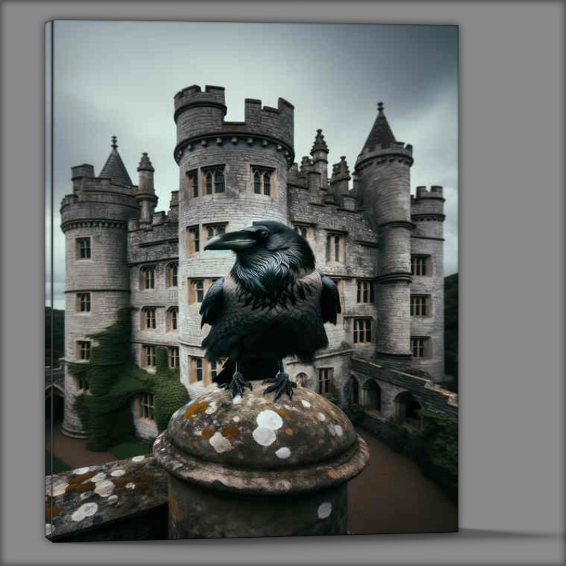Buy Canvas : (Ravens Castle Roost perched atop an ancient castle turret)