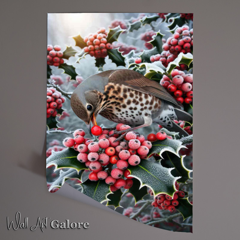 Buy Unframed Poster : (Thrushs Berry Feast indulging in a feast of ripe red berries)