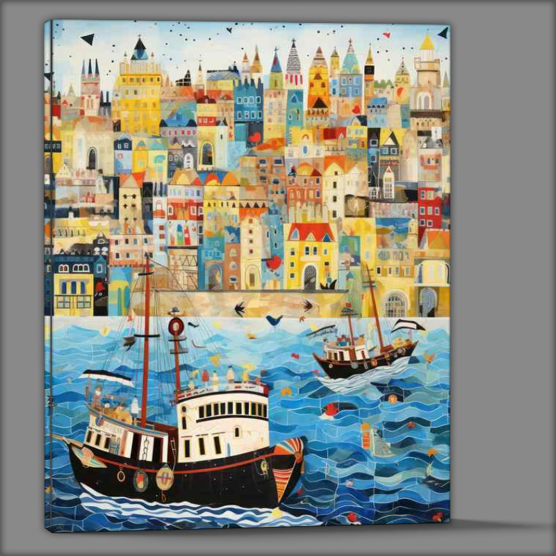 Buy Canvas : (Boats sailing down river with houses in the background)