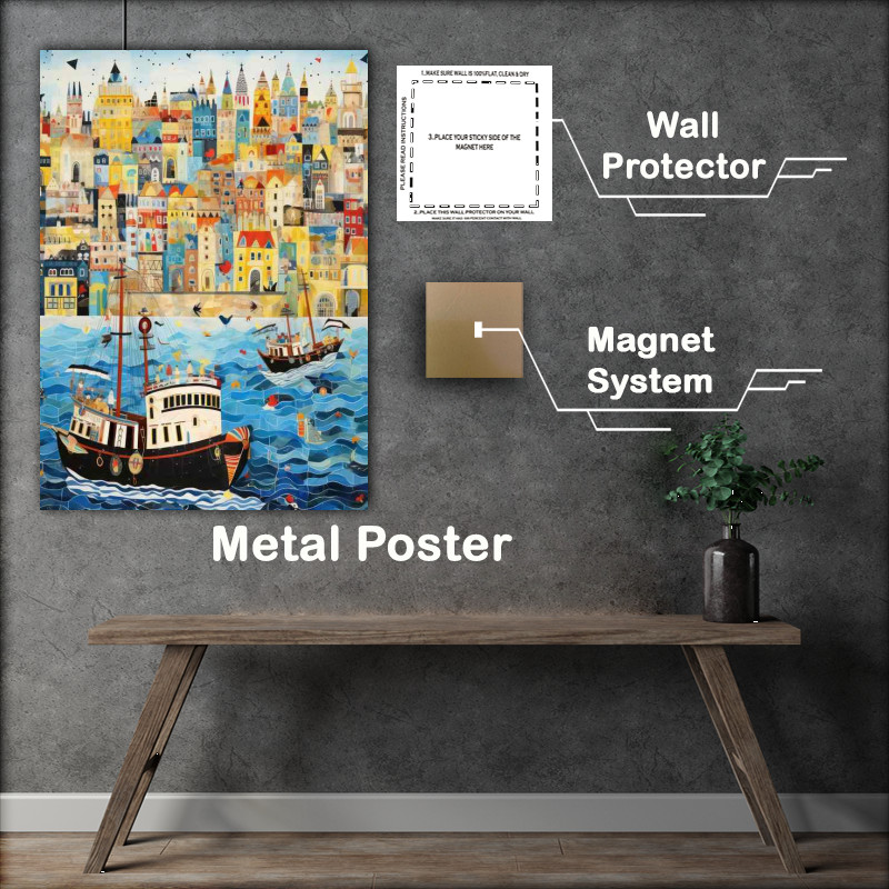 Buy Metal Poster : (Boats sailing down river with houses in the background)