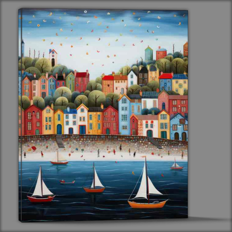 Buy Canvas : (Cruising the Waves Boats Sailing Next to the sand and town)