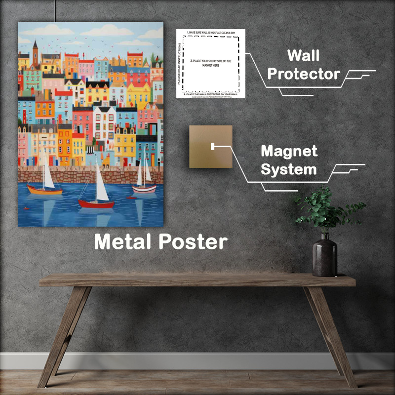 Buy Metal Poster : (Sailing Boats in the Oceans Embrace town scene)