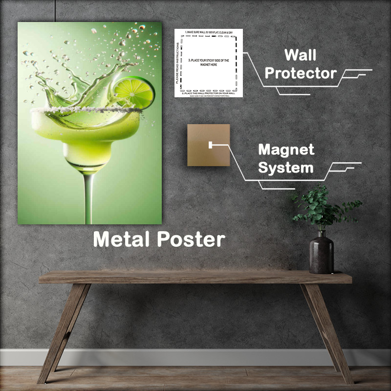 Buy Metal Poster : (Margarita glass with lime green liquid splashing out)
