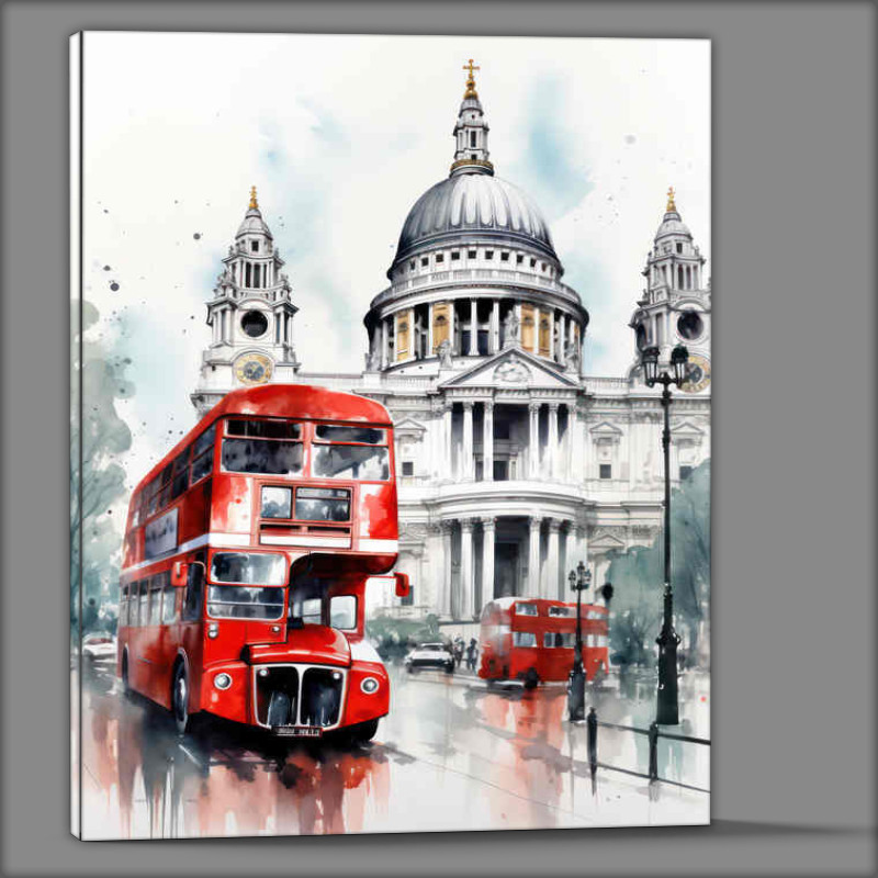 Buy Canvas : (A drawing in watercolor of a red bus with big windows)