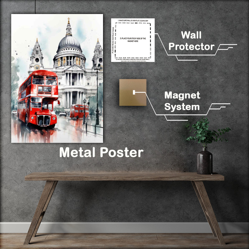 Buy Metal Poster : (A drawing in watercolor of a red bus with big windows)